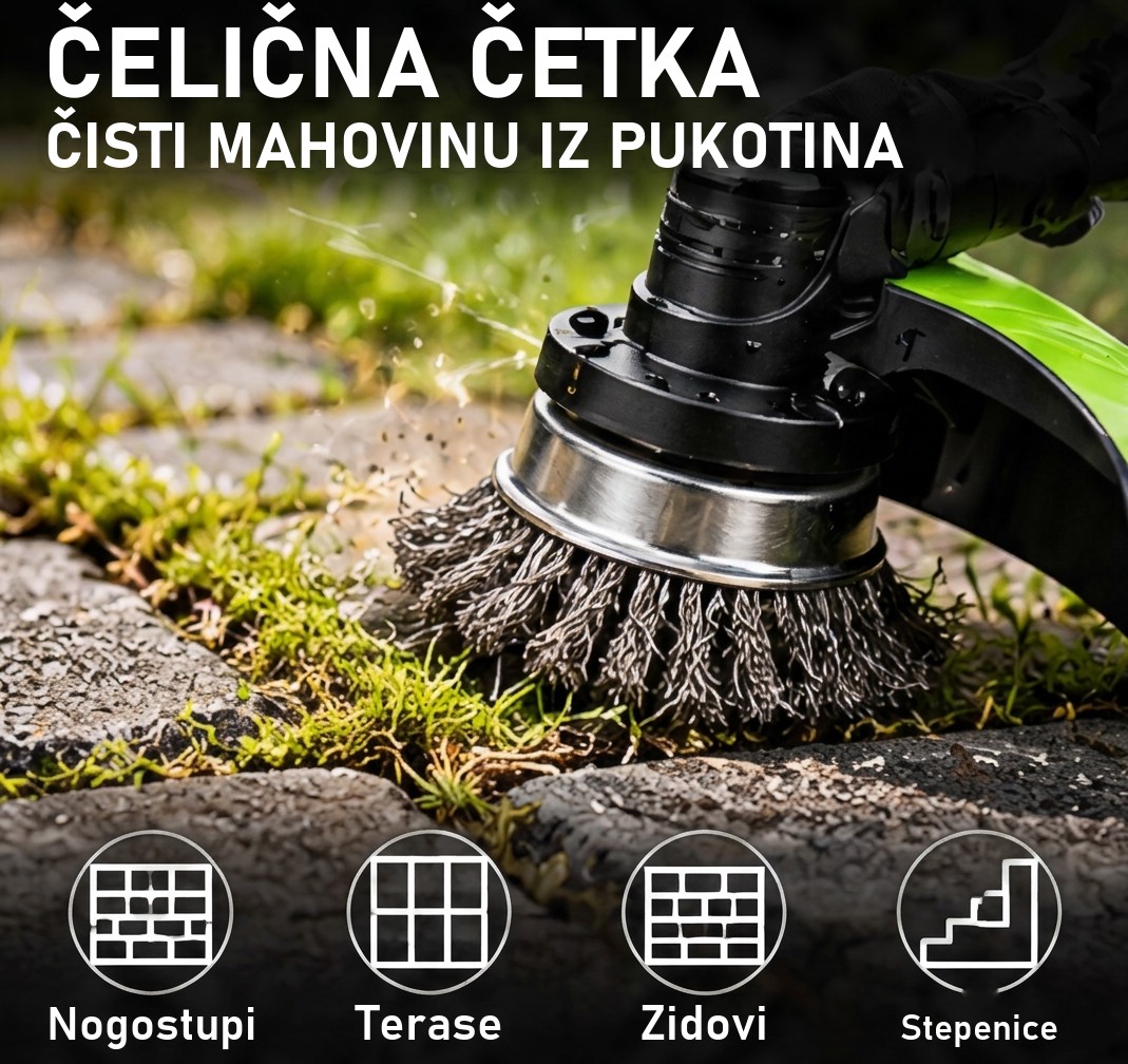 Steel brush cleaning moss from between cracks