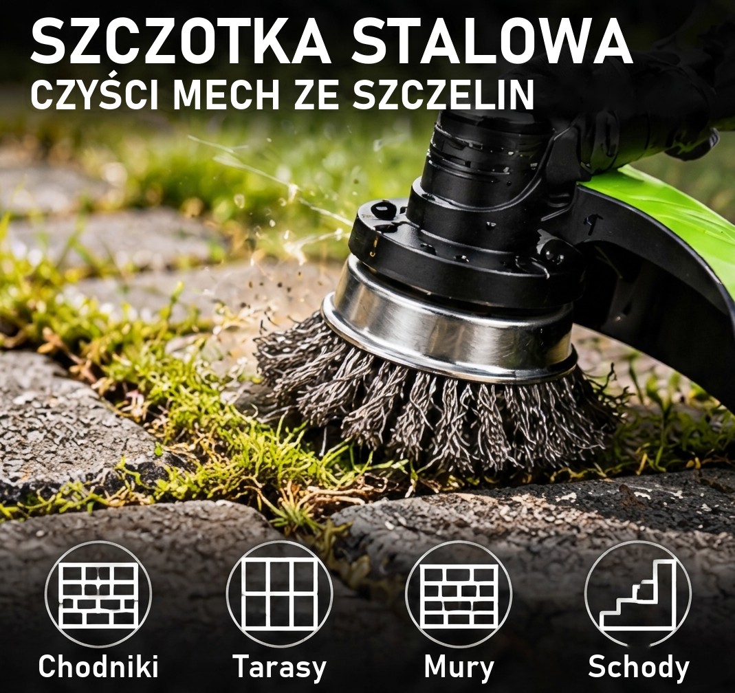Steel brush cleaning moss from between cracks